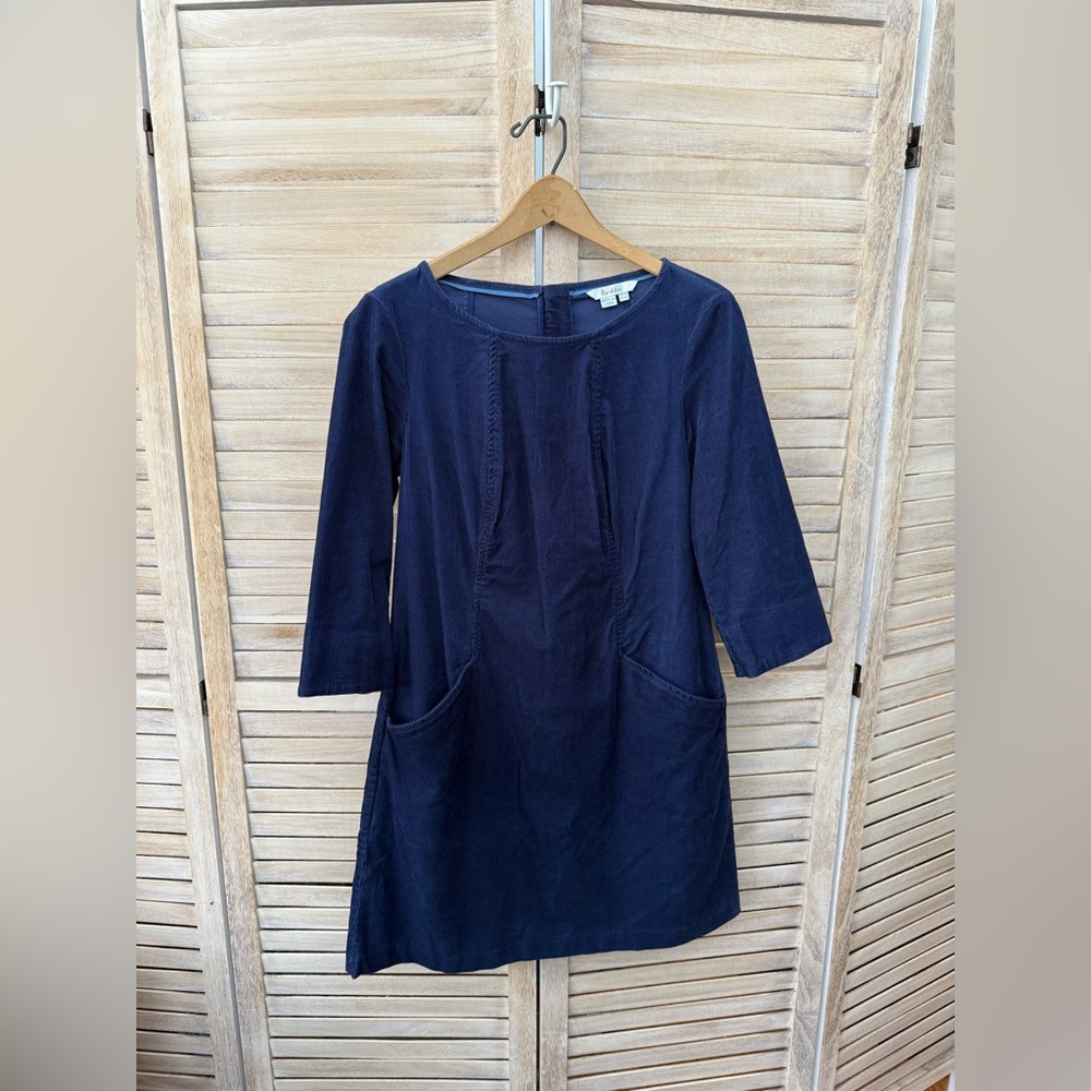 Boden Classic Navy Corduroy 3/4 Sleeve Dress petal sleeve pockets exposed zipper